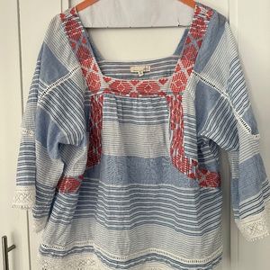Boho Navy White striped and embroidered Cotton 3/4 Sleeve Top - Size M